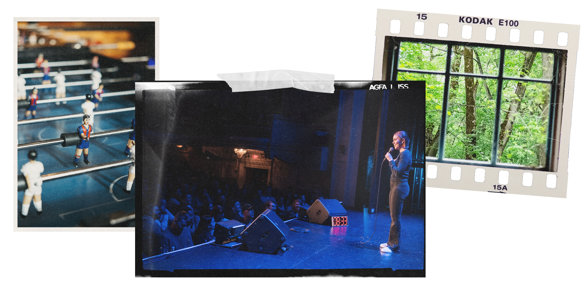 Comedian Kelsey Cook on stage in the center, flanked by a foosball table on the left and a window with trees on the right