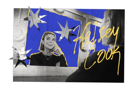 Stand-up comedian Kelsey Cook looking into a mirror before a show