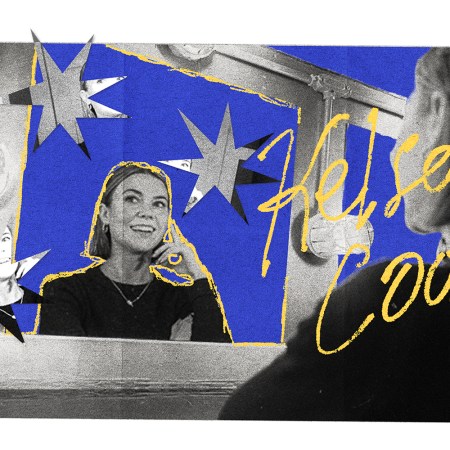 Stand-up comedian Kelsey Cook looking into a mirror before a show