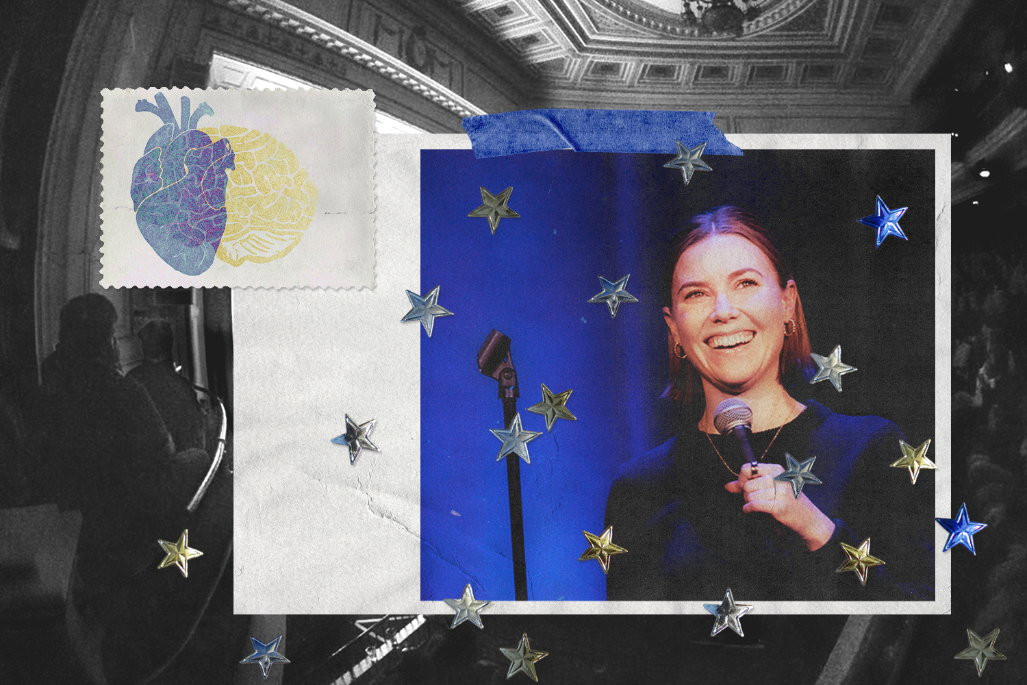 Stand-up comic Kelsey Cook smiling and holding a microphone