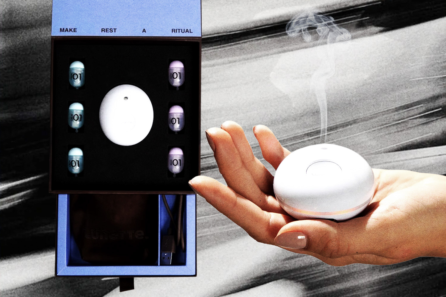 A hand holding the Lunette sleep aid device next to a package of the Lunette withe scnet pods