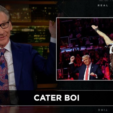 Bill Maher with a graphic of a Donald Trump rally behind him