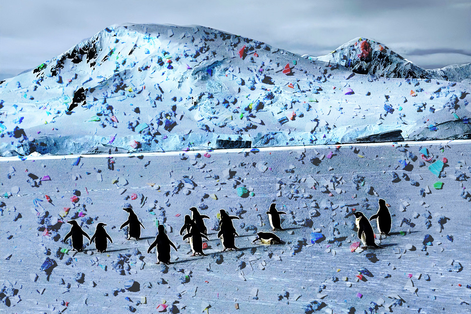 penguins walking across antarctic with microplastic graphics laid over the photo