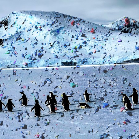 penguins walking across antarctic with microplastic graphics laid over the photo