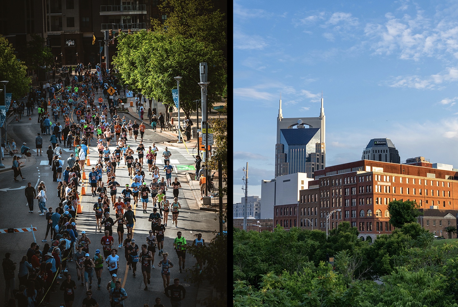Two images: a road race in Nashville on the left, a view of the Nashville skyline on the right.