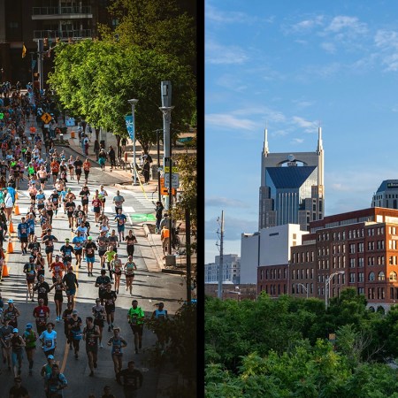 Two images: a road race in Nashville on the left, a view of the Nashville skyline on the right.