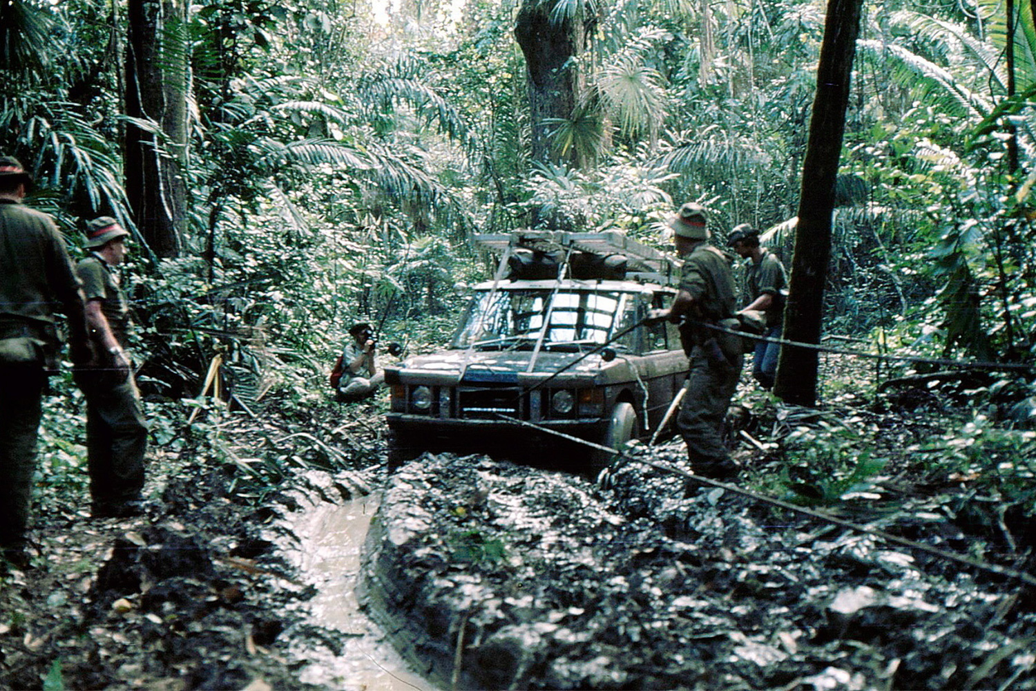 British soldiers driving a Range Rover through the Darien Gap in 1972 during the British Trans-Americas Expedition