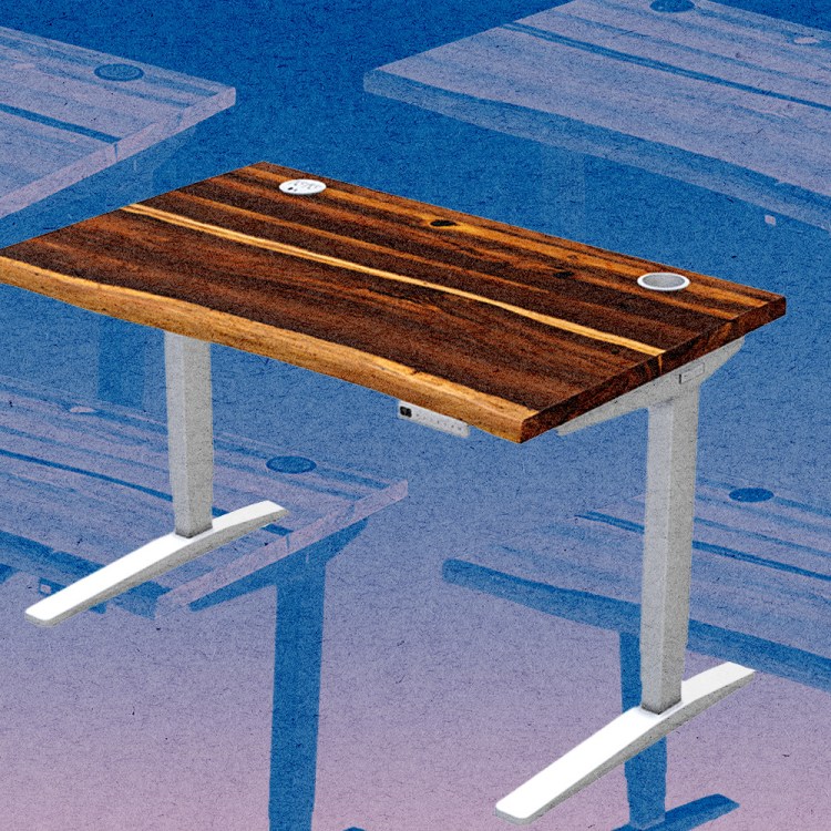 Uplift standing desk collage on multi-colored background