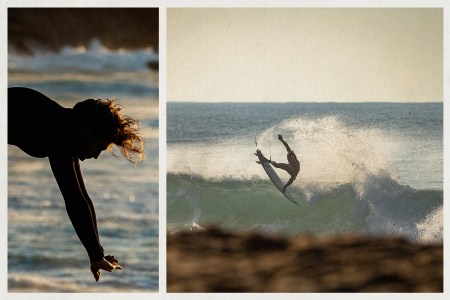 A split image with a man stretching at the beach on the left and a man catching a wave on the right.