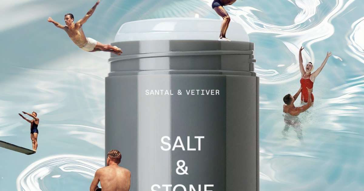Collage of swimmers jumping off a Salt & Stone deodorant stick over a background of water.