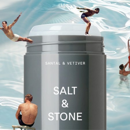 Collage of swimmers jumping off a Salt & Stone deodorant stick over a background of water.