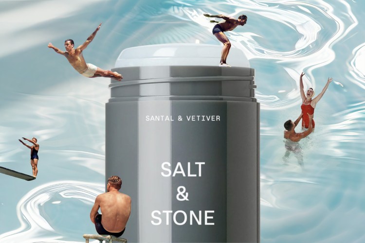 Collage of swimmers jumping off a Salt & Stone deodorant stick over a background of water.