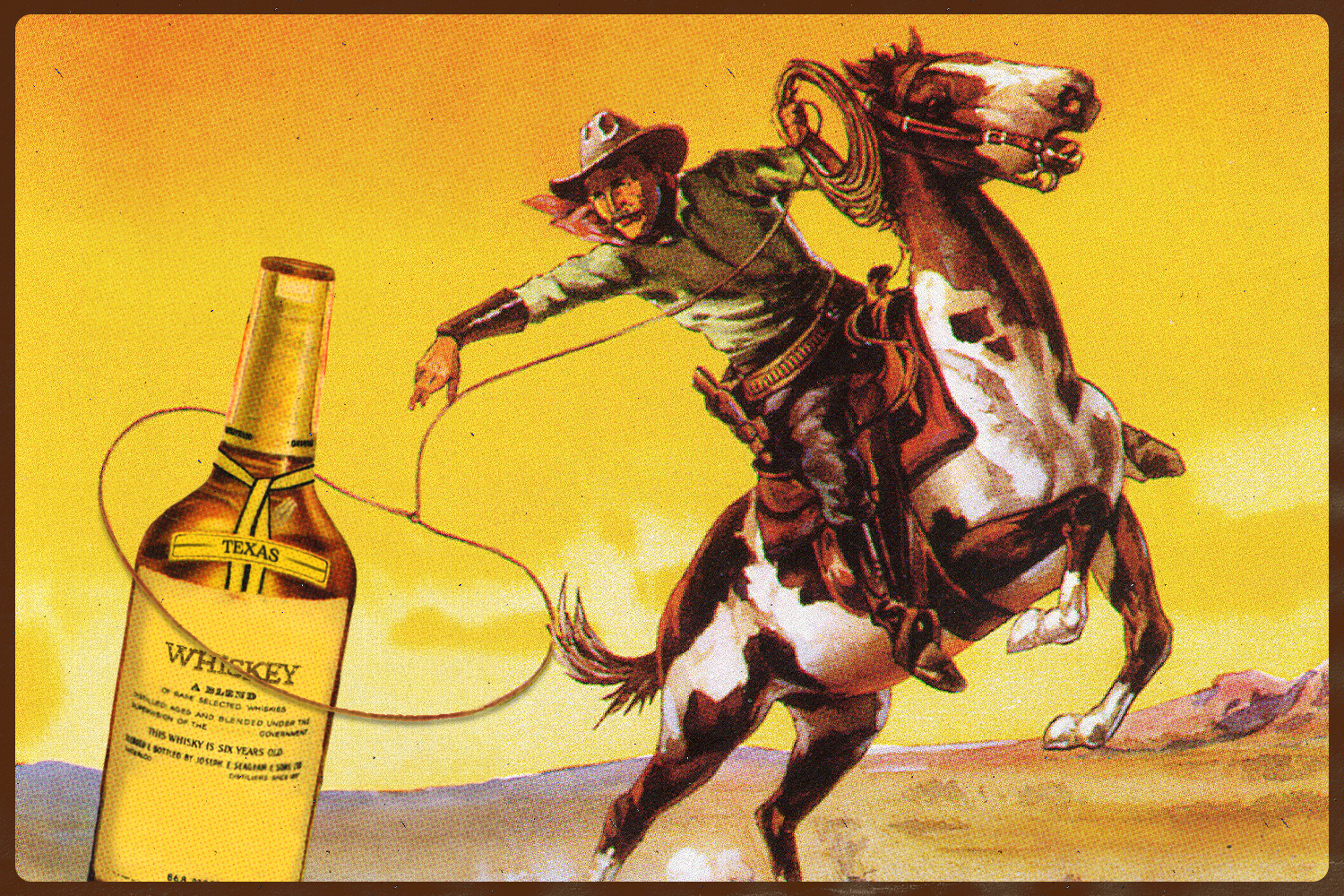 an illustration of a cowboy on a horse lassoing a bottle of whiskey