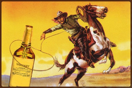 an illustration of a cowboy on a horse lassoing a bottle of whiskey
