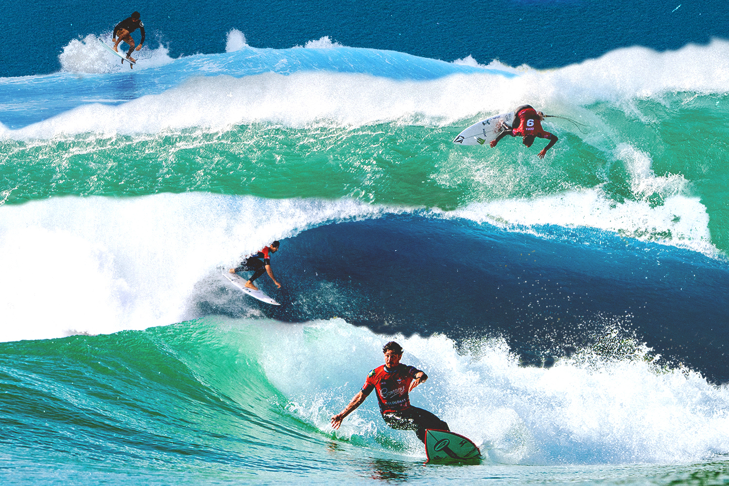 A collage of Yago Dora surfing various waves.