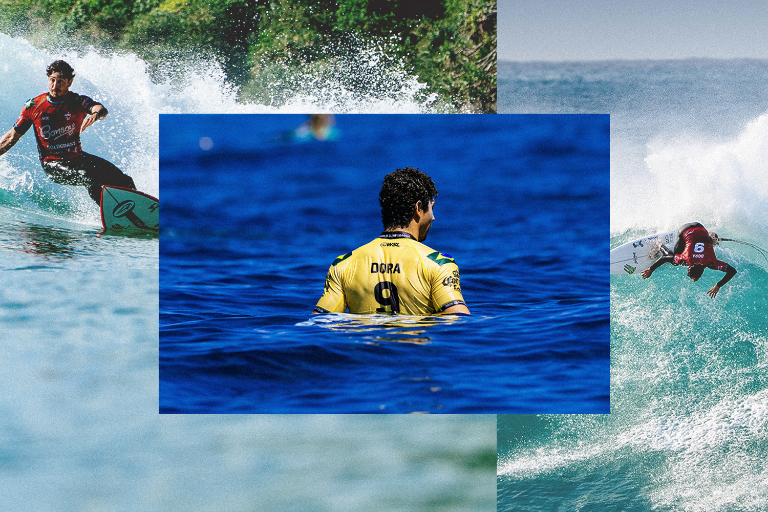A collage of images featuring Yago Dora in the water.