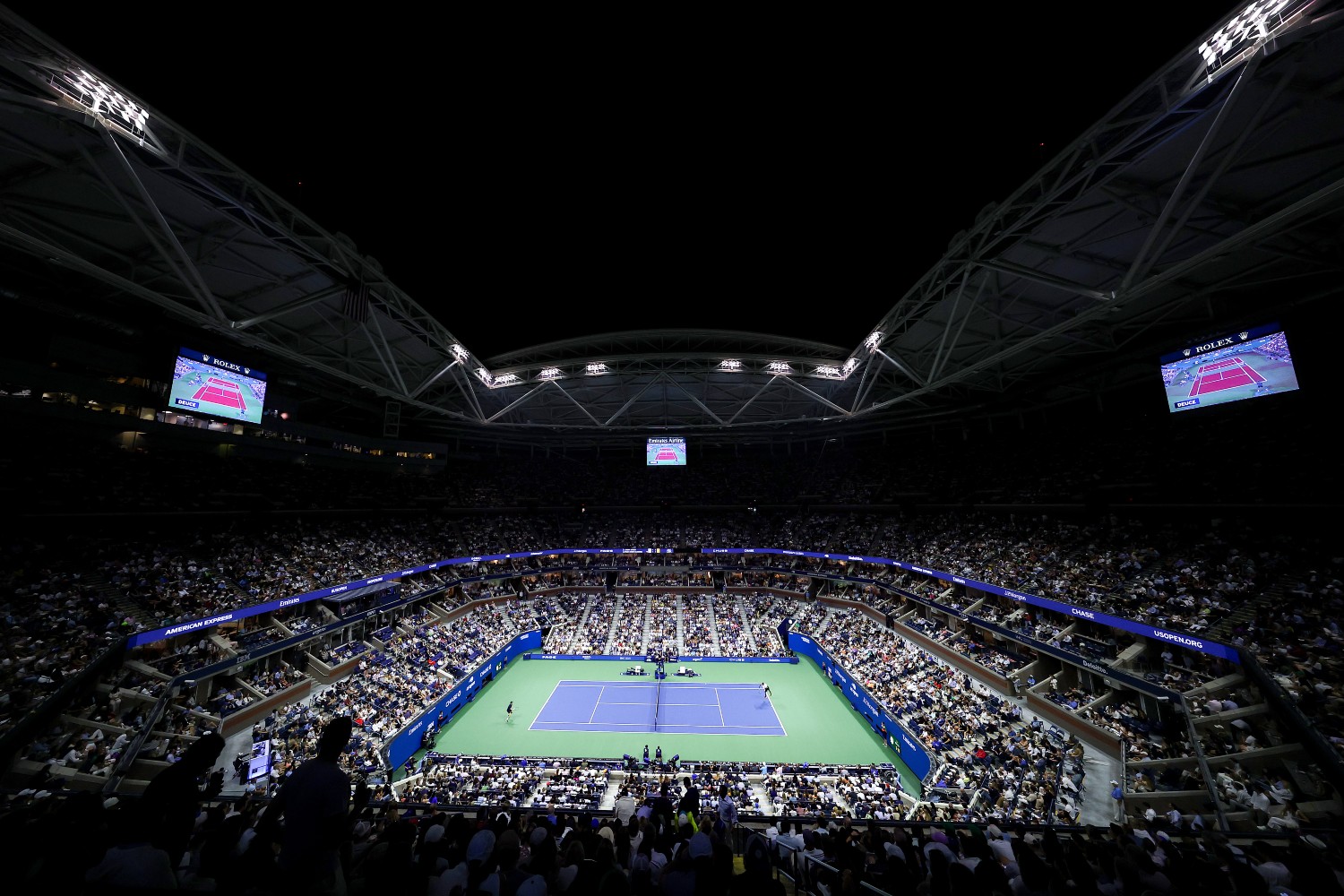 Arthur Ashe Stadium at night