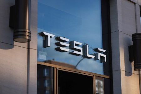 Tesla logo on building facade