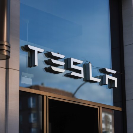 Tesla logo on building facade