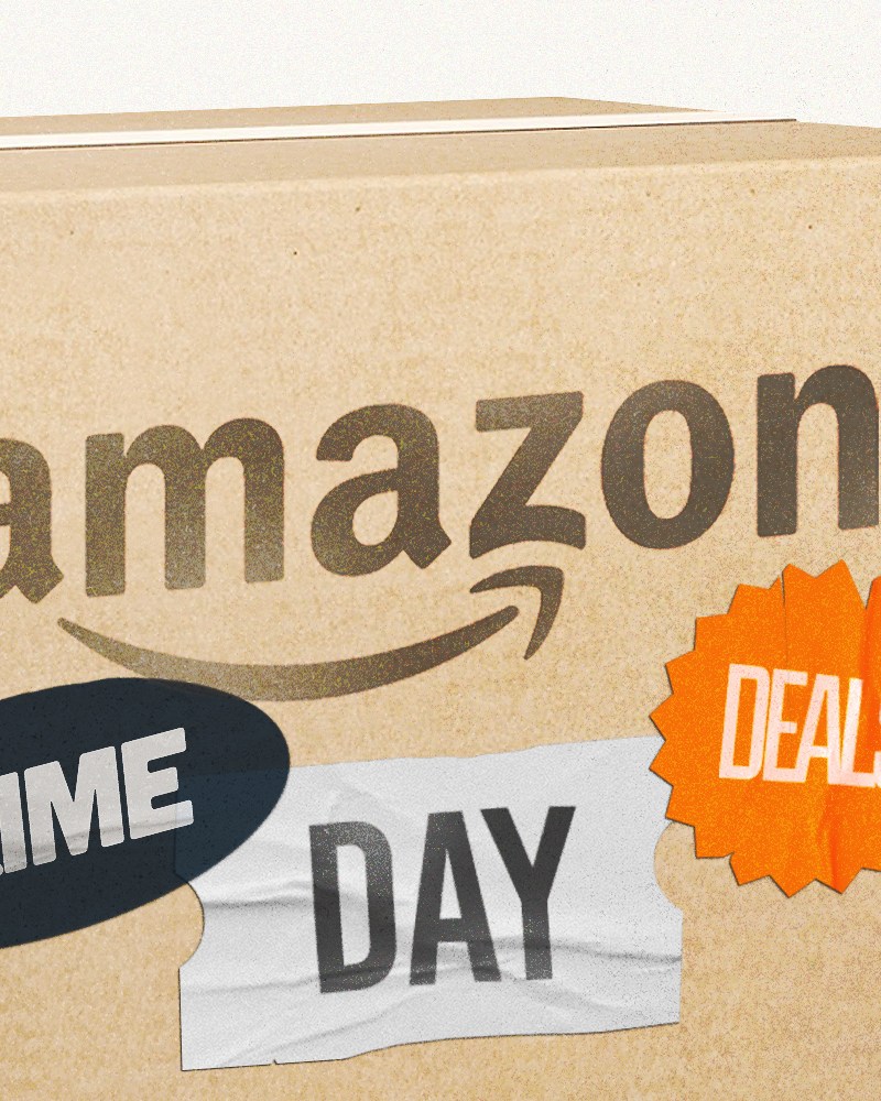an amazon box with stickers that spell out prime day deals