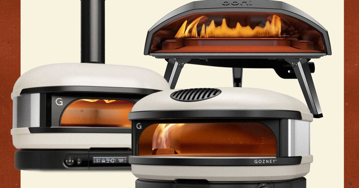 collage of pizza ovens on multi-colored background