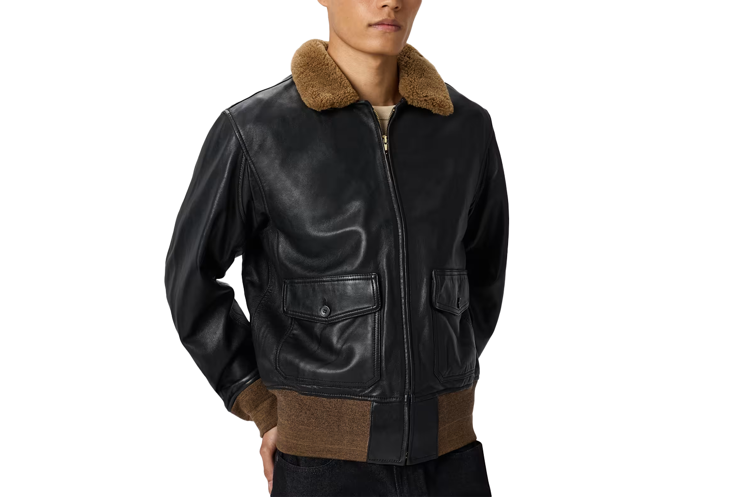Quince Shearling Collar Leather Flight Jacket
