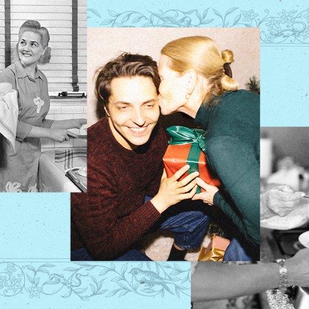 A collage of adult men with their mothers