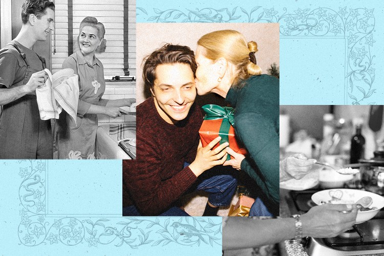 A collage of adult men with their mothers