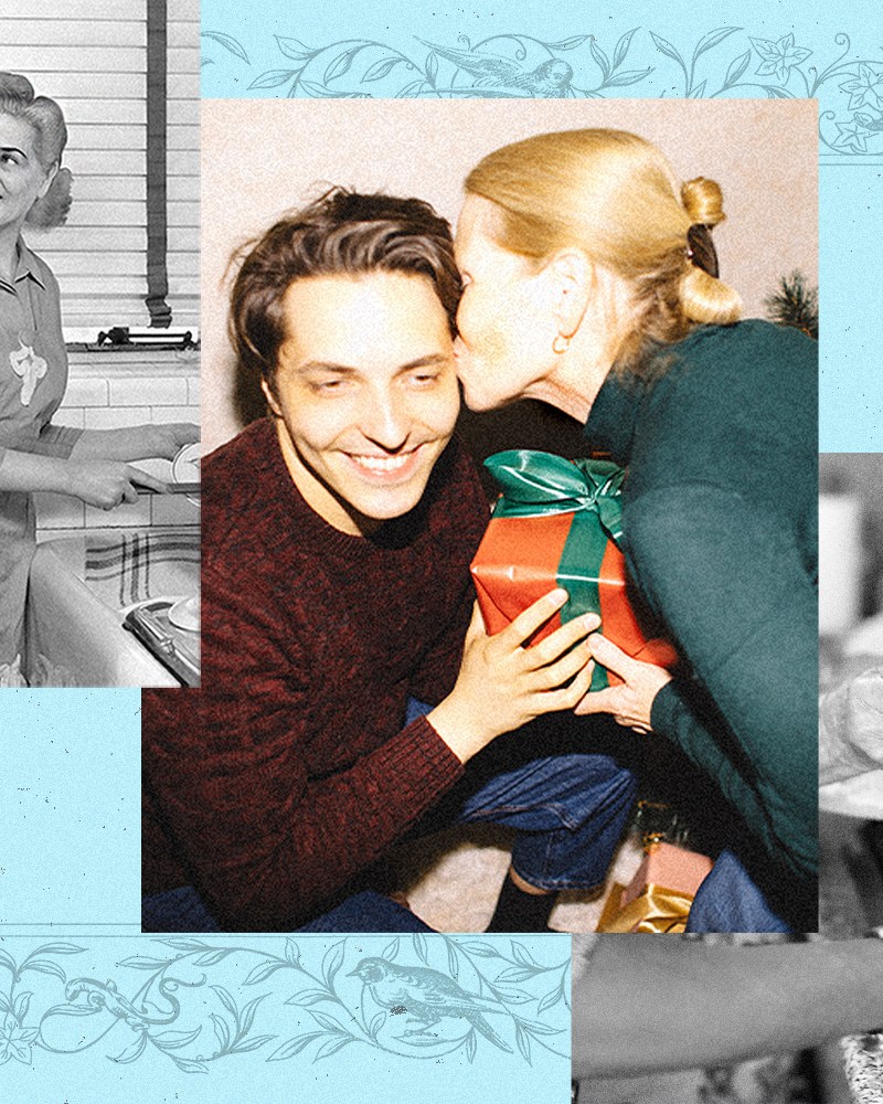 A collage of adult men with their mothers