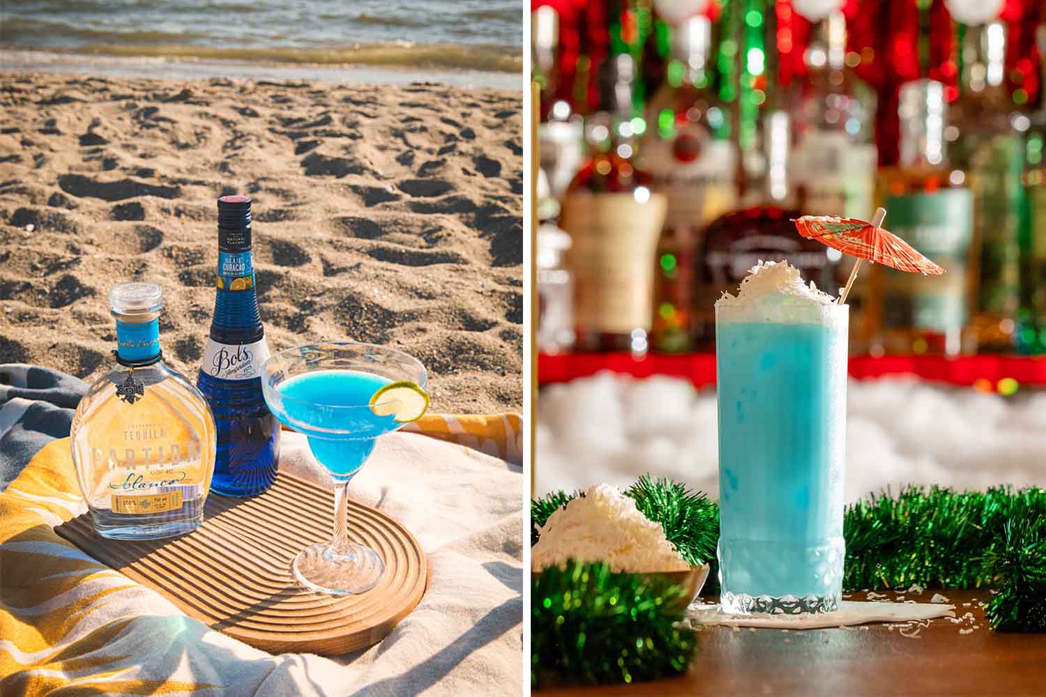 Two modern drinks with blue curaçao: Margarita Azul and Frost Bite