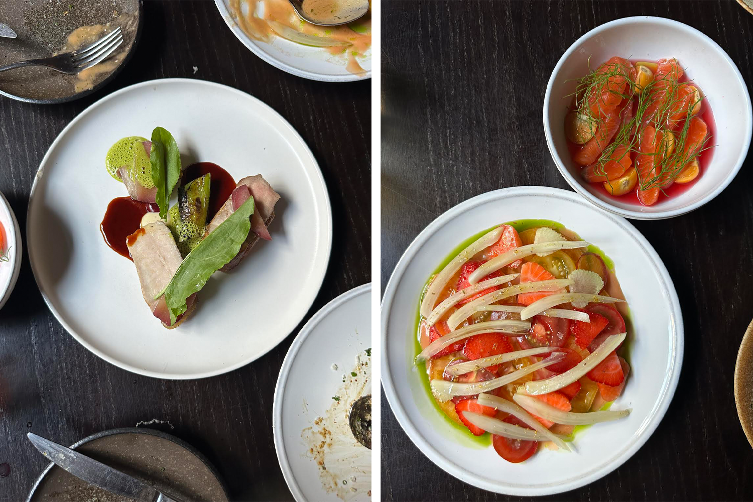 seasonal pork, tomatoes and a citrus salad on white plates
