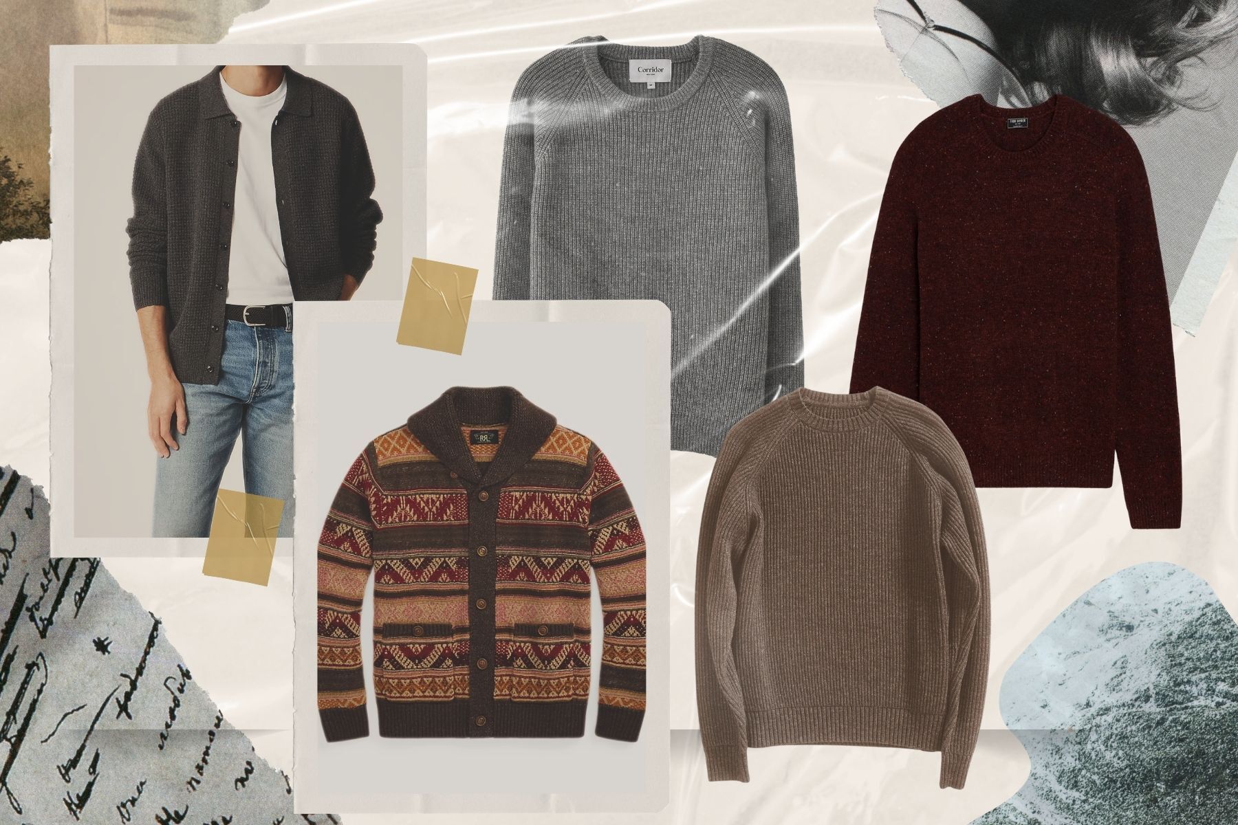 collage of sweaters on textured background