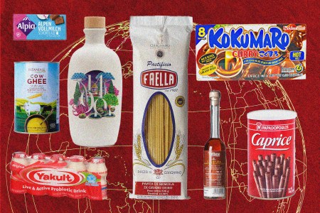 photos of international groceries on top of a red background with a yellow globe