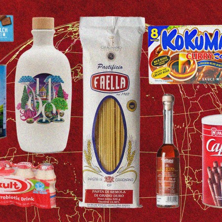 photos of international groceries on top of a red background with a yellow globe