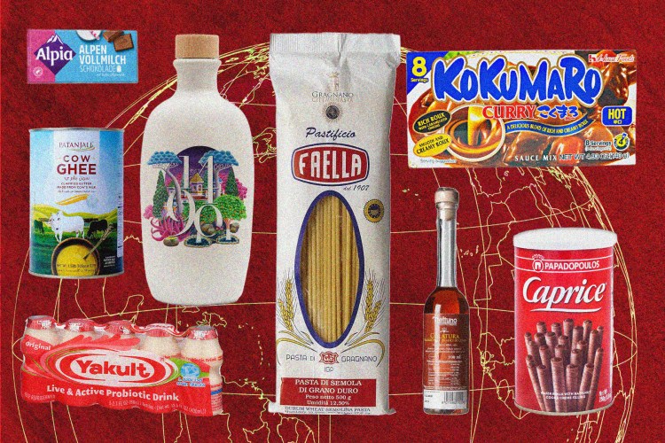 photos of international groceries on top of a red background with a yellow globe