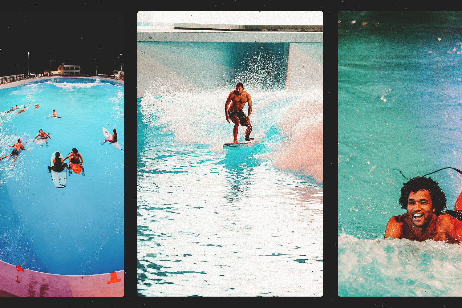 A triptych of people surfing at a wave pool.