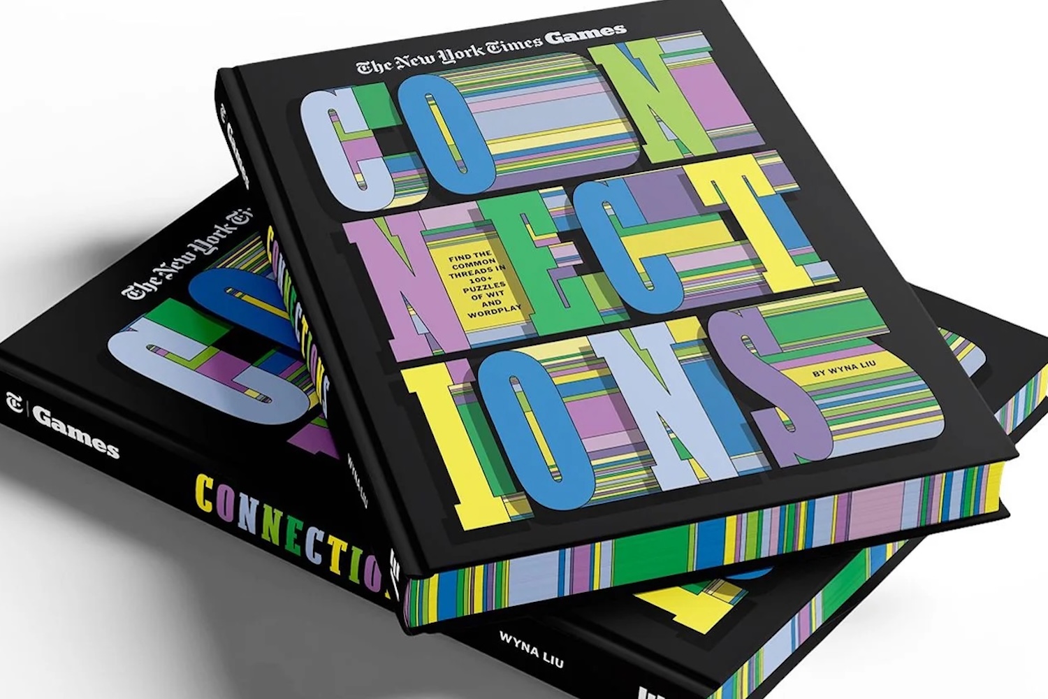 Two black books titled "Connections" with colorful, striped letters, stacked on a white surface.