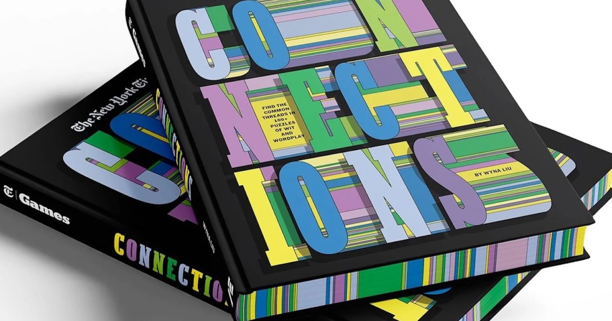 Two black books titled "Connections" with colorful, striped letters, stacked on a white surface.