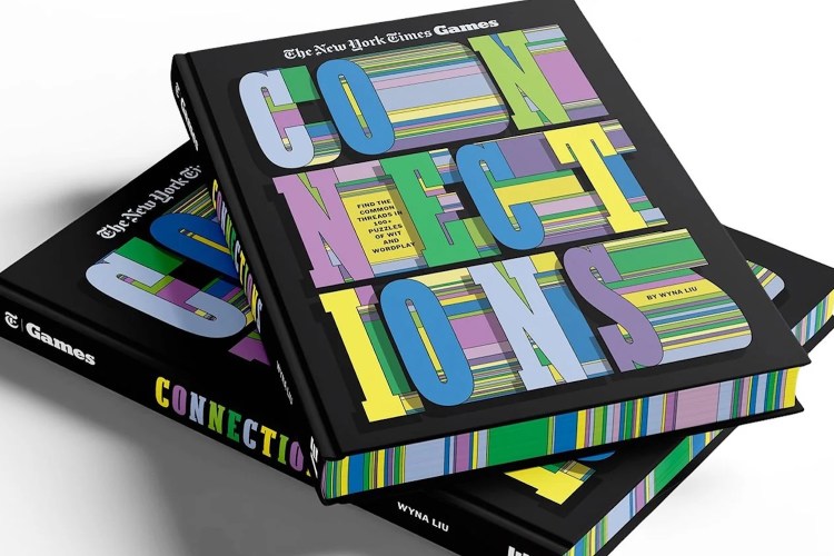 Two black books titled "Connections" with colorful, striped letters, stacked on a white surface.