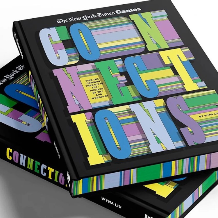 Two black books titled "Connections" with colorful, striped letters, stacked on a white surface.
