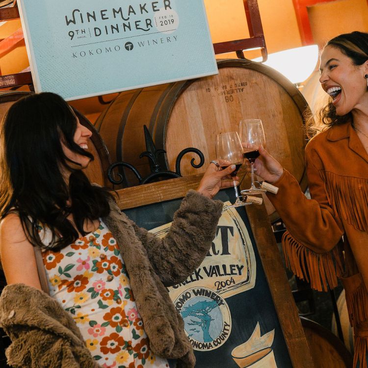 two young women toasting with goblets of red wine in front of wooden barrels