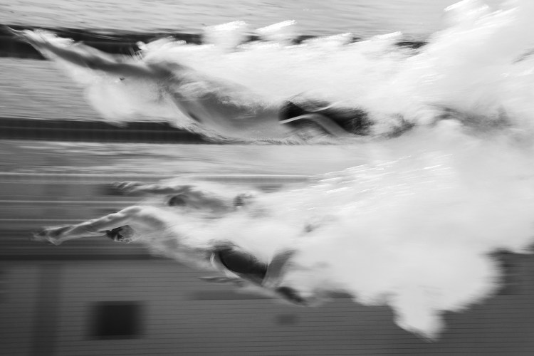 A black and white photo of swimmers competing in a pool.
