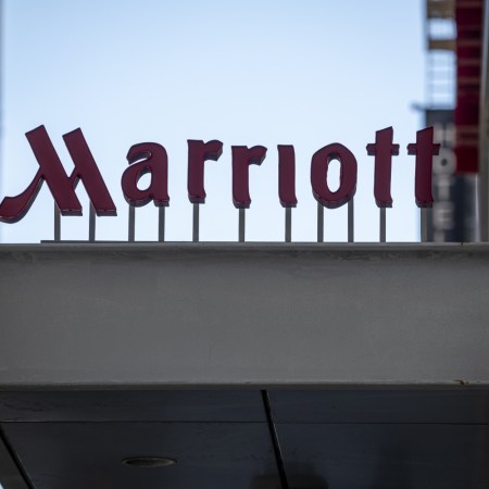 Marriott logo on a hotel awning