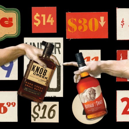 Several signs of $30 or less with two hands with bourbon bottles reaching for each other