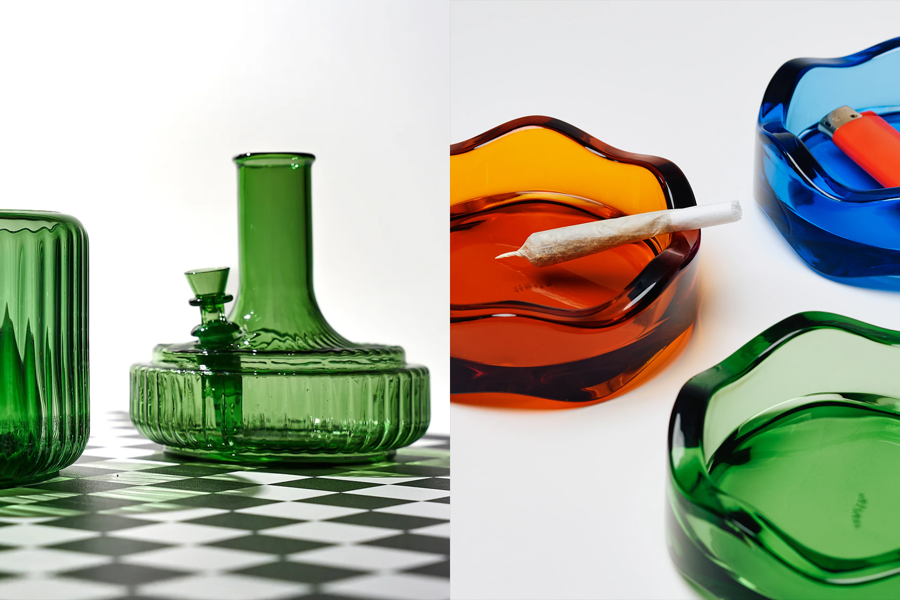 Lifestyle product image of colored glass ash trays and a bong vase