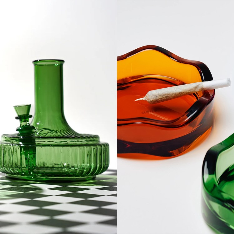 Lifestyle product image of colored glass ash trays and a bong vase