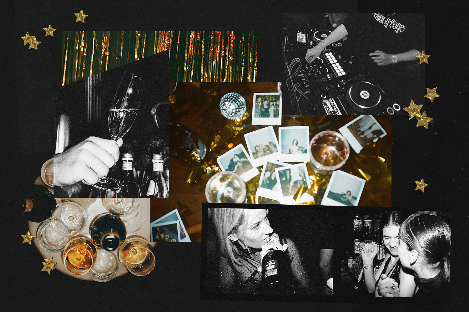 A collage of photos from a bar on New Year's Eve, including Champagne bottles, women dancing and a DJ playing music
