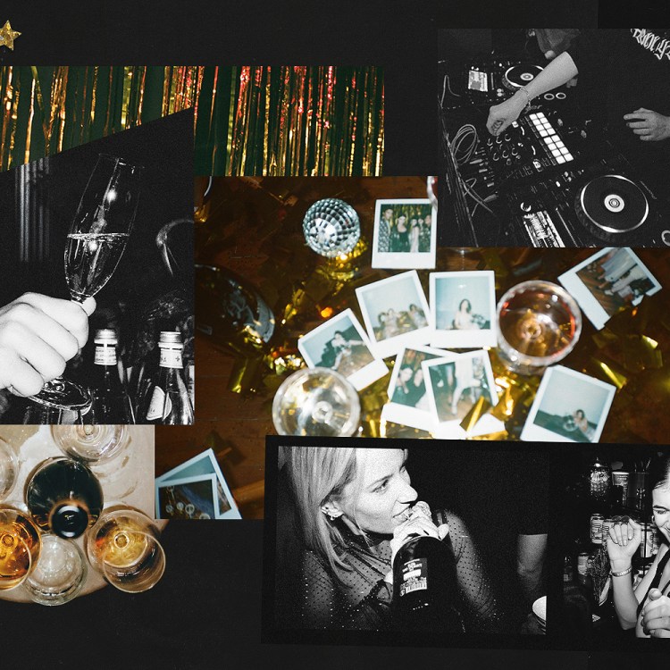 A collage of photos from a bar on New Year's Eve, including Champagne bottles, women dancing and a DJ playing music