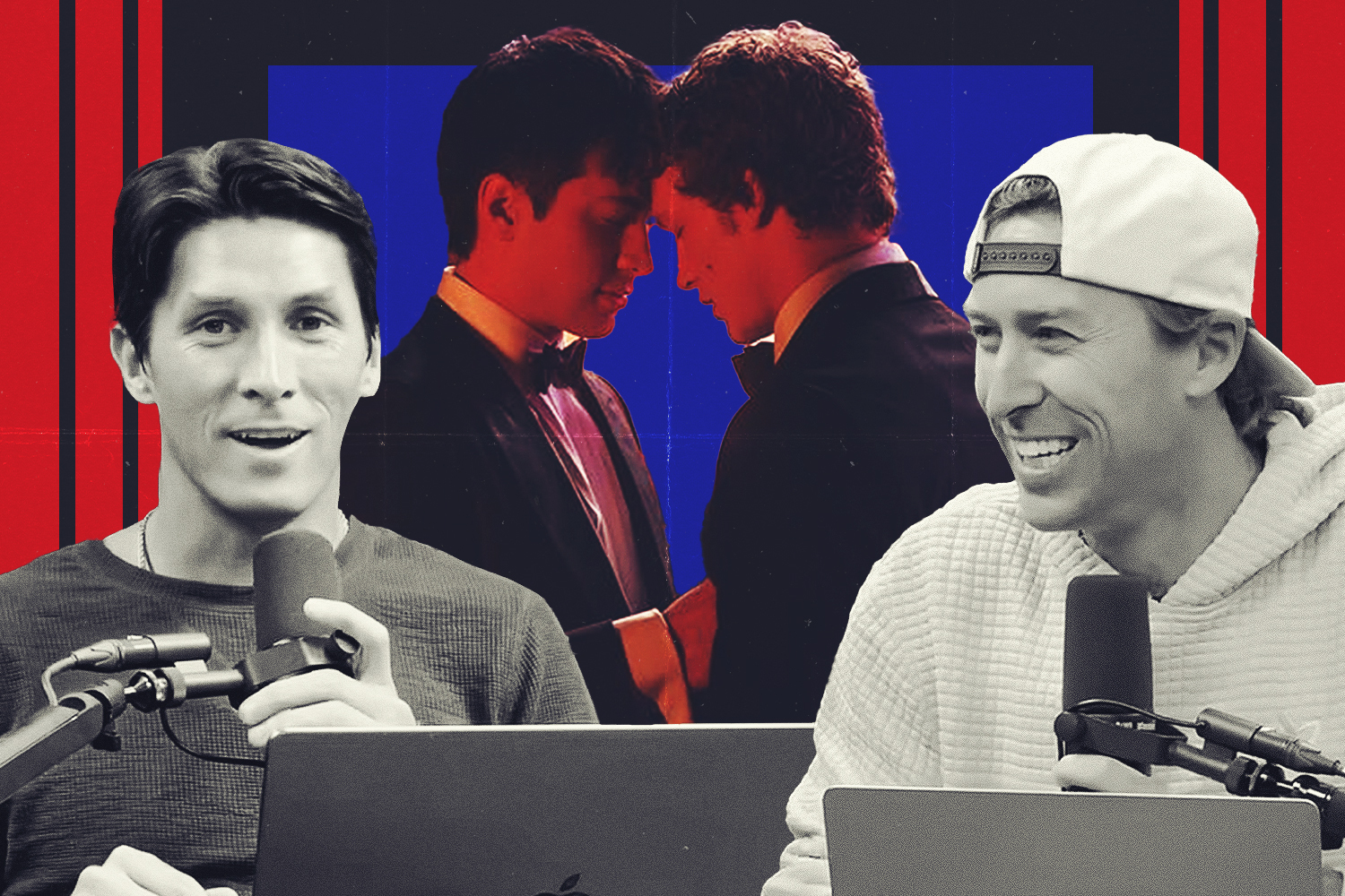 A scene from the show "Heated Rivalry" behind an image of Dan and Chris Powers of the podcast "Empty Netters"