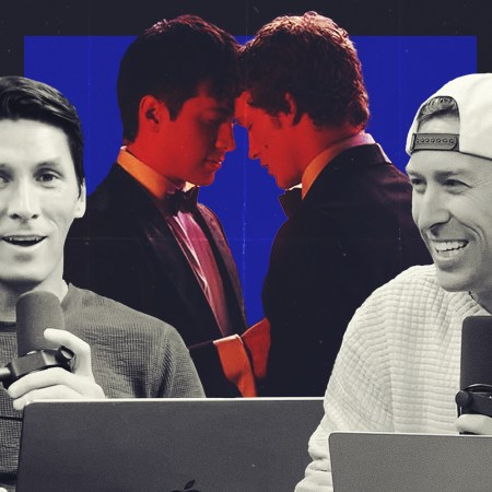 A scene from the show "Heated Rivalry" behind an image of Dan and Chris Powers of the podcast "Empty Netters"